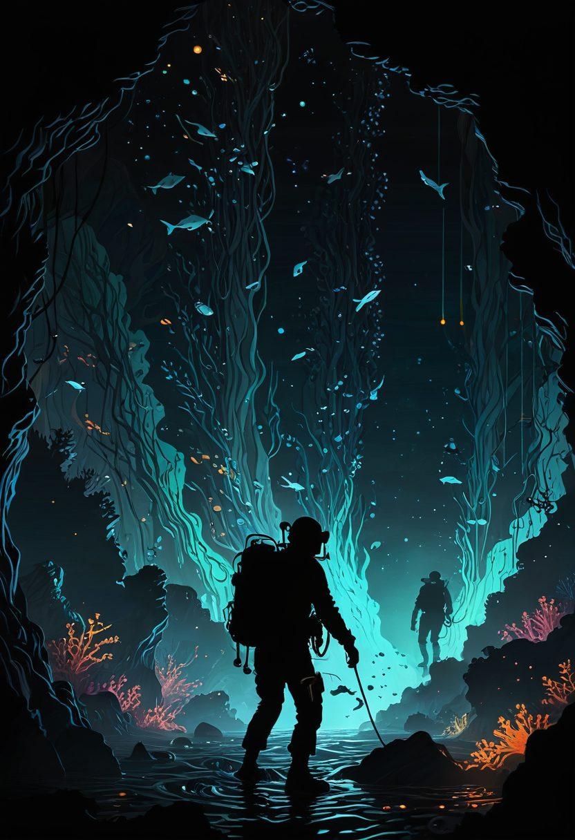 A deep, dark ocean abyss with silhouettes of divers surrounded by data streams and charts, symbolizing exploration and analysis. The divers carry flashlights illuminating various icons representing trends and streams. The background features soft, ambient colors to give an analytical yet curious atmosphere. vector art. vibrant colors. dark theme.