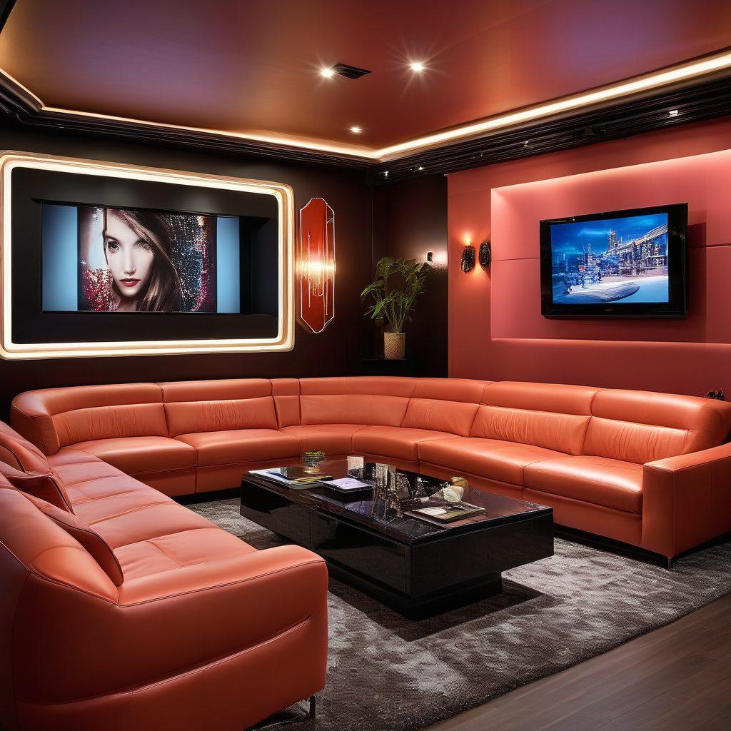 A captivating image of a vibrant, sleek adult entertainment lounge with elements of mystery and allure. The scene includes tastefully arranged screens showcasing curated adult videos, warm ambient lighting, and sensual artistry. An inviting, sophisticated atmosphere that sparks curiosity and intrigue. super-realistic. vibrant colors. elegant design.